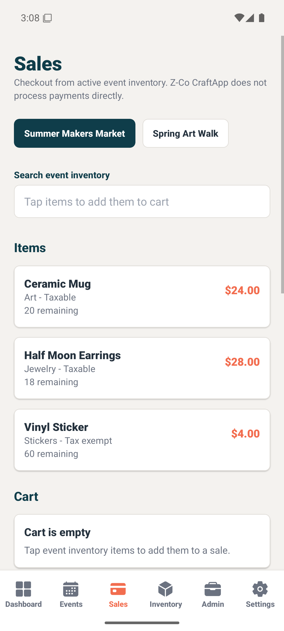 CraftApp sales screen
