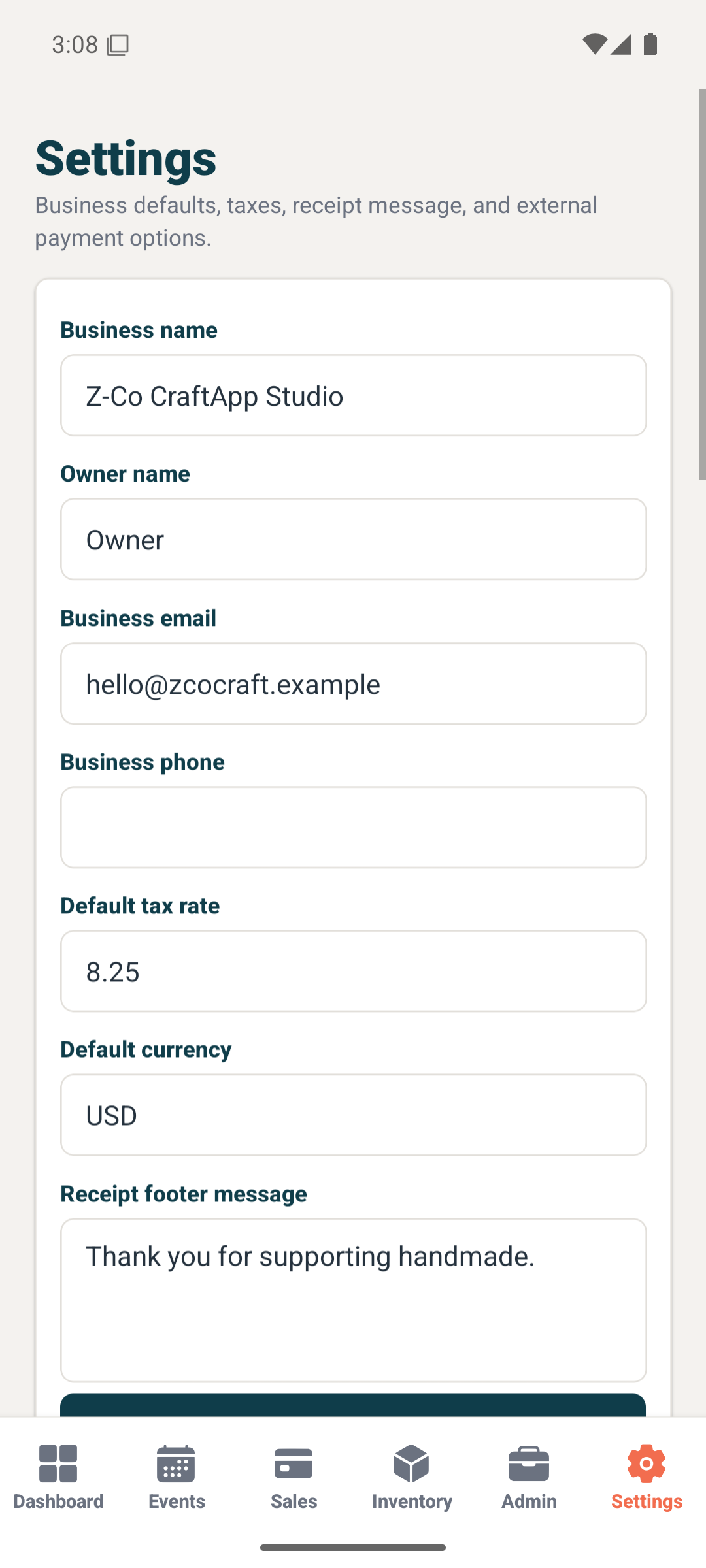 CraftApp settings business payments