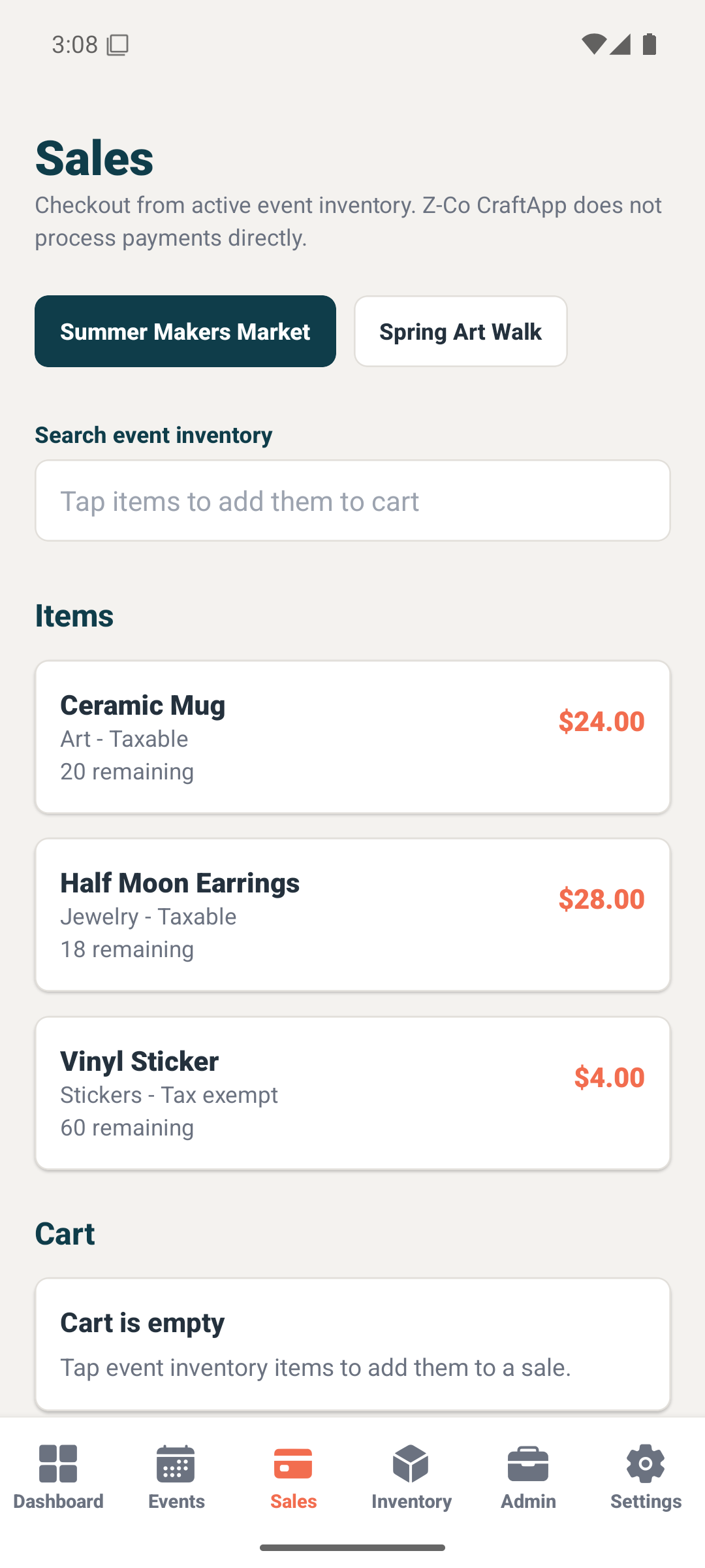 CraftApp sales checkout cart